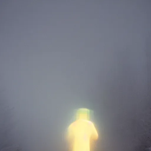 Image similar to a blurry aura glowing in a white mist, human