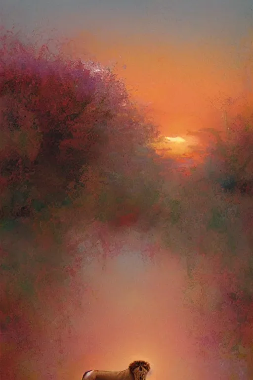 Prompt: spiritual twin flame lioness walking around art, pink sunset hue, highly detailed, oil painting hue, by craig mullins