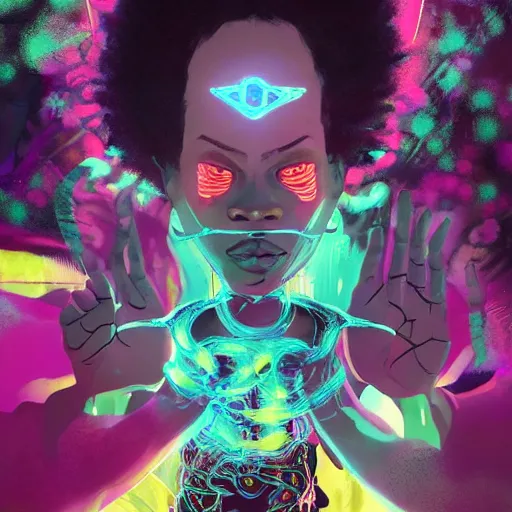 Prompt: afro - cyberpunk deities unseen amongst their creations, a society manifesting dreams with cosmic ancestral magic in a post - modern techno world | hyperrealistic oil painting | by makoto shinkai, ilya kuvshinov, lois van baarle, rossdraws, basquiat | afrofuturism, in the style of surrealism, trending on artstation, | red and black color palette