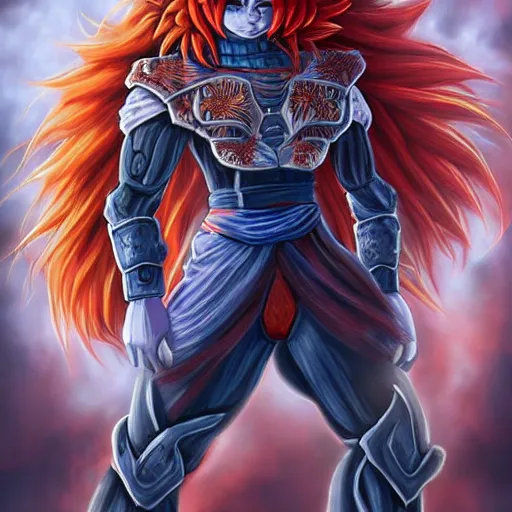 Prompt: a gorgeously defined character with long red hair and immensly glowing eyes, wearing saiyan armor with blue baggy pants, surrealism art, portrait!!, intricately detailed, 4 k quality