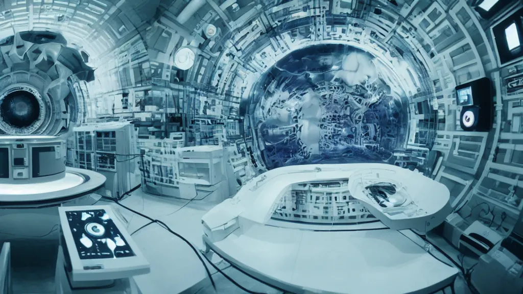 Prompt: a huge octo mri machine and control panels in the inspection room, film still from the movie directed by denis villeneuve with art direction by salvador dali, wide lens