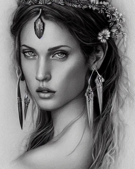 Prompt: pencil drawing of the very beautiful and sexy greek goddess aphrodite wearing a laurel wreath with arrowhead earrings, piercing eyes, beautiful flowing hair, hyper realistic face, in the style of greg rutkowski, fantasy, amazing detail, epic, elegant, smooth, sharp focus, young