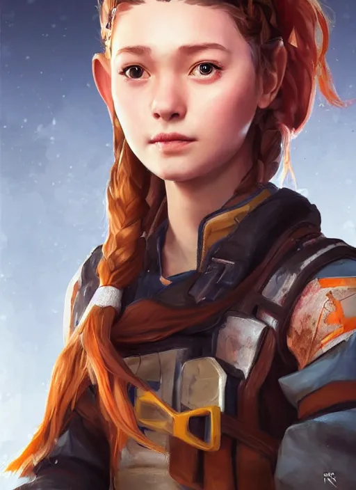 Prompt: a portrait digital painting of a young girl that looks a bit like aloy from horizon : new dawn. she's wearing a mechanics uniform and has been working on some large machinery. painted by artgerm, ross tran.