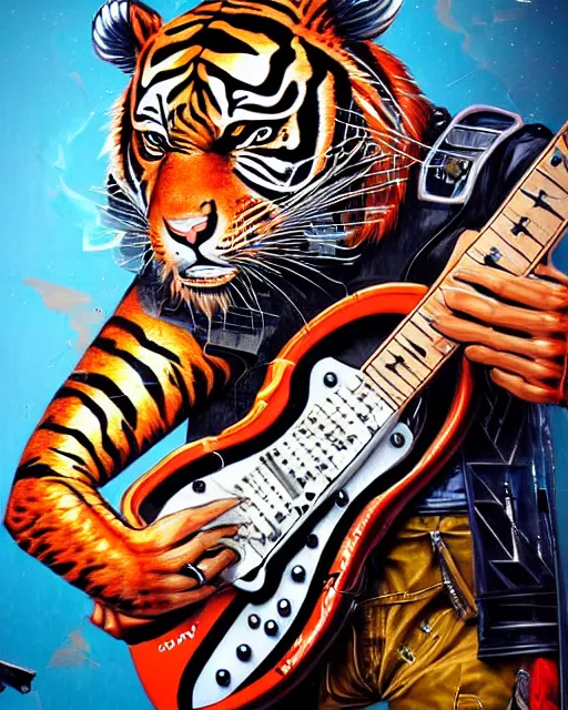 Image similar to a portrait of an anthropomorphic cyberpunk roaring tiger shredding an electric guitar as the guitar melts by sandra chevrier, by jon foster, detailed render, tape deck, epic composition, cybernetics, 4 k realistic, cryengine, realistic shaded lighting, sharp focus, masterpiece, by enki bilal