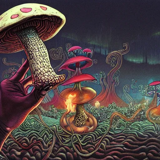 Image similar to A centered chest up portrait of a psychedelic demonic anthropomorphic snake smoking a hand-rolled cigarette smoking heavily , magic mushroom village in background , award winning. superb resolution. in the art style of junji Ito and greg rutkowski . Detailed Mushroom city in background. Hyper realistic anime. Perfect art. Dalle2