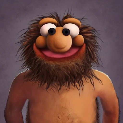 Image similar to a still of a forgotten muppet character looking very manly and modern, hilarious, laughing, hairy chest, huge chin, manly monster tough guy, roughled fur, photo real, photographic, photograph, artstation, trending, featured