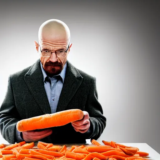 Image similar to walter white eating carrots, close up, professional photography, film still, dramatic lighting, melancholy