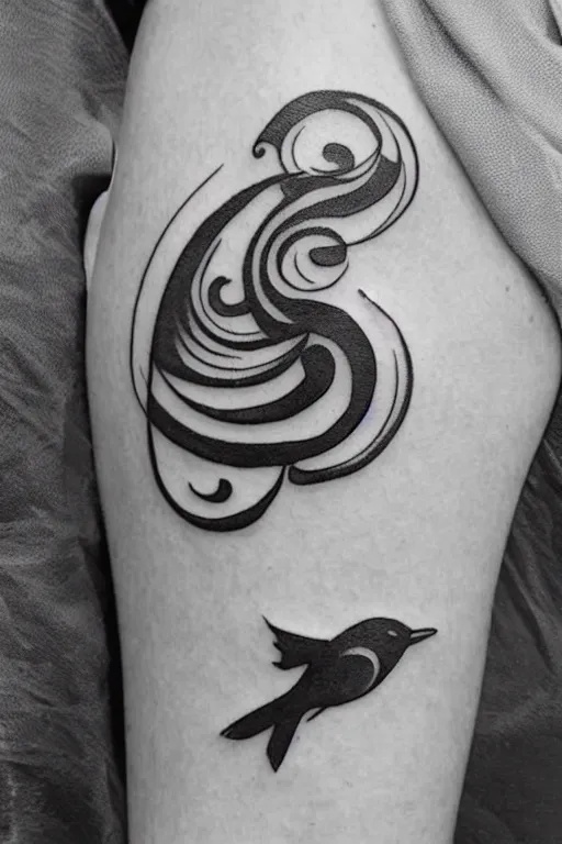 Prompt: a simple tattoo design of birds flying in a 2 spiral, black ink, logo
