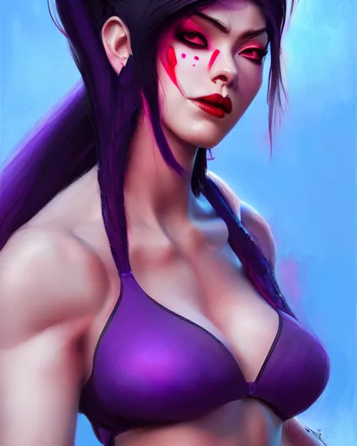 Prompt: widowmaker from overwatch with purple skin wearing red lace halter top, perfect face, dark blue hair, abs, cinematic, stunning, athletic, strong, agile, highly detailed, psychedelic, digital painting, artstation, smooth, hard focus, illustration, art by jessica rossier and and brian froud