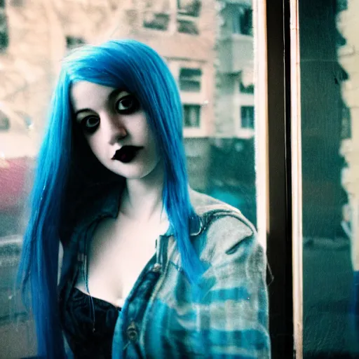 Image similar to an adorable goth girl with blue hair gazing out a coffee shop window, soft early morning light, cinematic angle, dreamy 3 5 mm film portrait