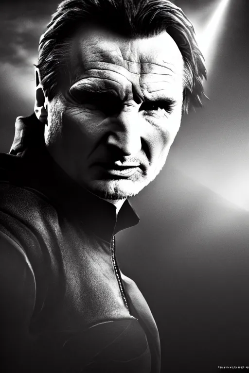 Prompt: cinematic of liam neeson batman, dramatic, moody lighting