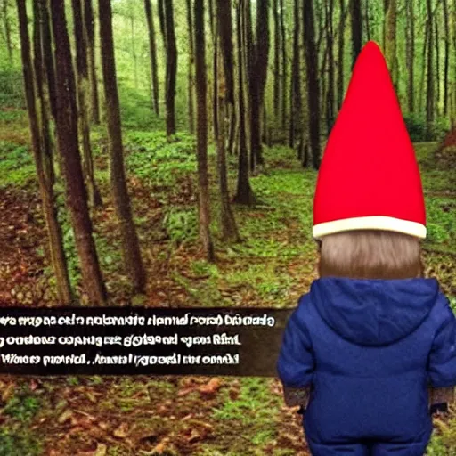 Image similar to bad quality screenshot of a leaked video of a small person dressed as gnome looking at me at a forest trail, photo taken from far away, night time, bright camera flash, camera shaking, disturbing, very scary, realistic, very disturbing, ultrarealistic, 480p, scary