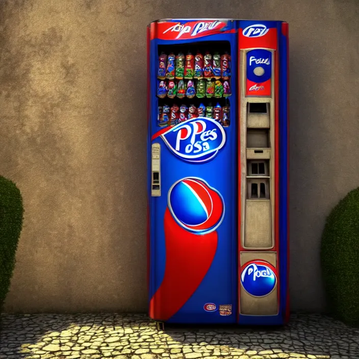 Prompt: pepsi vending machine outside a medieval house in a fantasy village. extremely high details, realistic, fantasy art, cinematic, octane render, volumetric lighting, depth of field, bokeh, masterpiece, artstation contest winner, art by johannen voss, frank frazetta