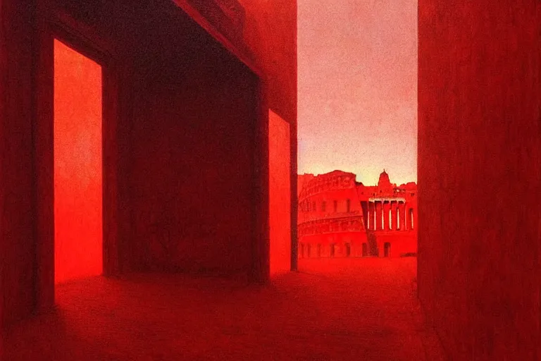 Image similar to only with red, caesar after war, a red tiger, in hoc signo vinces, rome in background, an ancient path, in the style of beksinski, part by hopper, part by rodcenko, part by hofbauer, intricate composition, red by caravaggio, insanely quality, highly detailed, masterpiece, red light, artstation