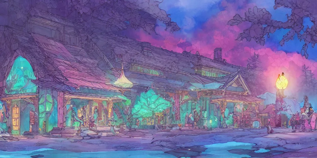 Prompt: bathhouse and nature, modern contemporary, lanterns. watercolor art, expansive cinematic view, volumetric shading, intricate and detailed, highly saturated colors. breath of the wild style, by hayao miyazaki ghibli!!!. pastel!! pink!! accents. trending on artstation. award winning