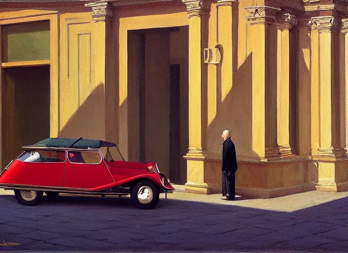 Image similar to aslouchy elegant old man with stands at citroen ds 1 9 in grim rome, highly detailed, soft lighting, elegant, by edward hopper and james gilleard, zdzislaw beksinski, steven outram, highly detailed