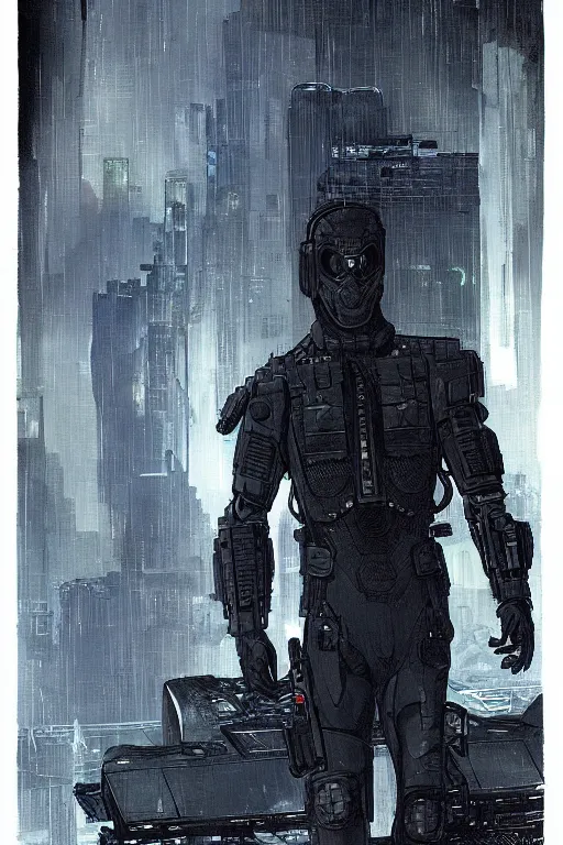 Prompt: the ghost. blackops mercenary in near future tactical gear, stealth suit, and cyberpunk headset. Blade Runner 2049. concept art by James Gurney and Mœbius.