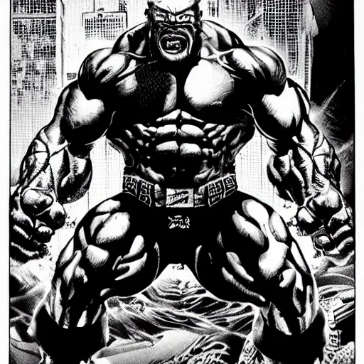Image similar to cyberpunk hulk hogan, black and white, art by sergio toppi and keith giffen