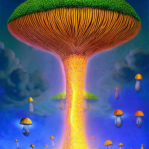 Prompt: lightning mushroom waterfall rave panoramic fantasy rich geometric octane render hyper realism by rob gonsalves, james christensen, alex grey, android jones, lisa frank