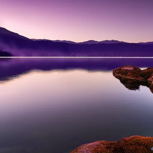 Image similar to Stunning 4K night photograph of a lake covered in purple mist.