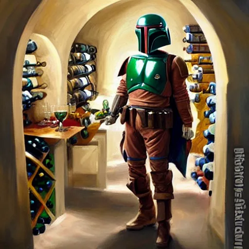 Prompt: Boba Fett discovers a wine cellar full of food and schnapps, painting by Vladimir Volegov