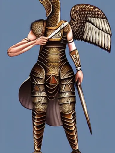 Prompt: female birdfolk!!! anthro!!!!!! avian, bird!!! roman armor, Lorica segmentata! subject holding gladius! full body portrait!! subject head visible!!!