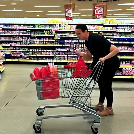 Prompt: pig pushing a shopping cart at the grocery store, photo real, award winning