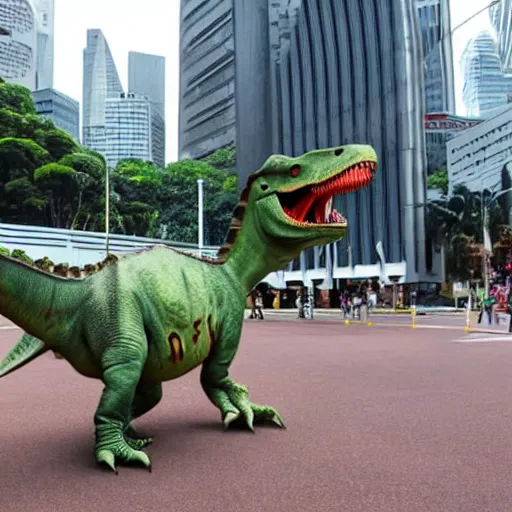 Prompt: a dinosaur terrorizes Singapore