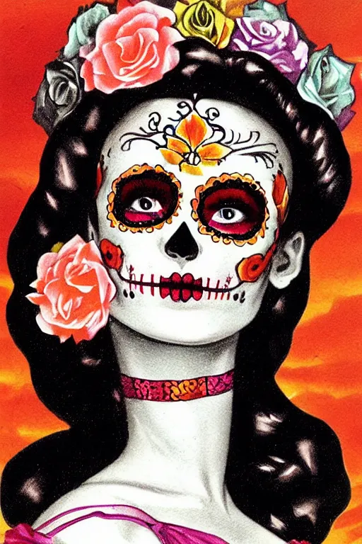 Prompt: illustration of a sugar skull day of the dead girl, art by alberto vargas