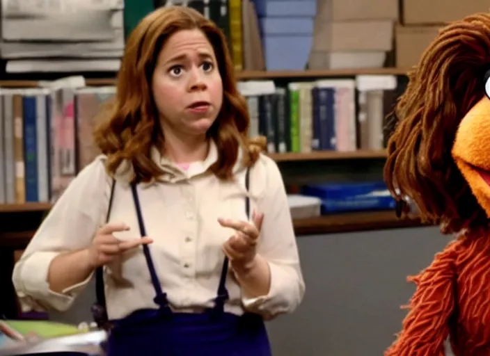 Image similar to film still of muppet!!!!! pam beesly!!!! as a muppet muppet muppet as a muppet in the tv show the muppet office