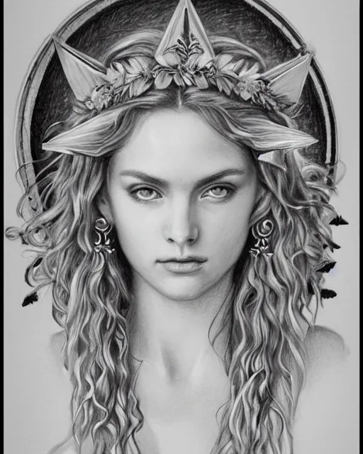 Image similar to pencil drawing of a beautiful greek goddess aphrodite wearing a laurel wreath and arrowhead earrings, beautiful confident eyes, beautiful flowing hair, glowing god eyes, hyper realistic face, in the style of greg rutkowski, fantasy, amazing detail, epic, elegant, smooth, sharp focus, from the front