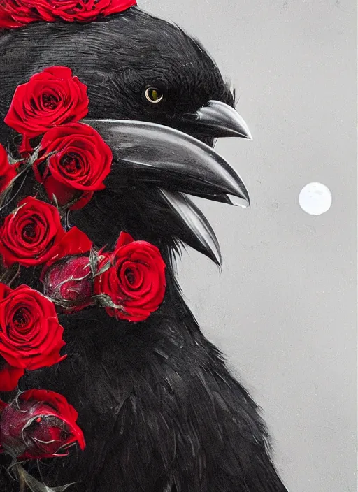 Image similar to red color details, portrait, A crow with red eyes in front of the full big moon, book cover, red roses, red white black colors, establishing shot, extremly high detail, foto realistic, cinematic lighting, by Yoshitaka Amano, Ruan Jia, Kentaro Miura, Artgerm, post processed, concept art, artstation, raphael lacoste, alex ross, portrait, A crow with red eyes in front of the full big moon, book cover, red roses, red white black colors, establishing shot, extremly high detail, foto realistic, cinematic lighting, by Yoshitaka Amano, Ruan Jia, Kentaro Miura, Artgerm, post processed, concept art, artstation, raphael lacoste, alex ross