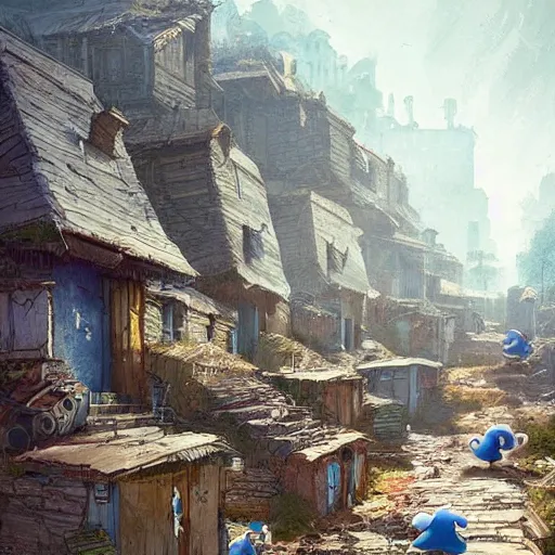 Prompt: smurf village as slums, greg rutkowski, detailed,