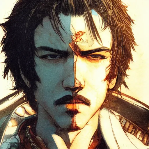 Image similar to portrait of a hero holding his sword in front of his face by yoji shinkawa, high quality, extra details, realism, ornate, colored, golden chain, blood, white skin, short hair, brown eyes, vivid, sunlight, dynamic,