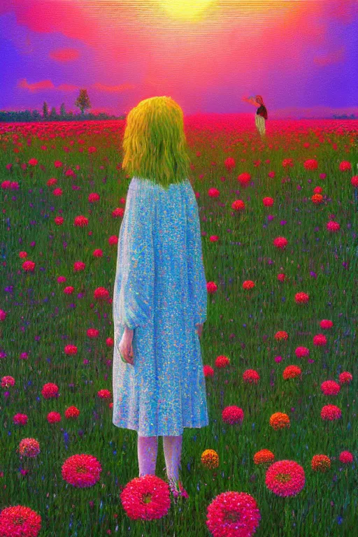 Image similar to flower face, girl standing in flower field, surreal photography, big trees, sunrise dramatic light, impressionist painting, colorful clouds, digital painting, pointillism, artstation, simon stalenhag