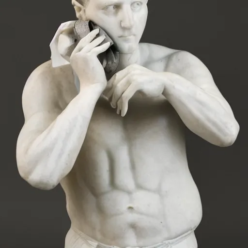 Image similar to marble sculpture of a man holding a phone to take a selfie