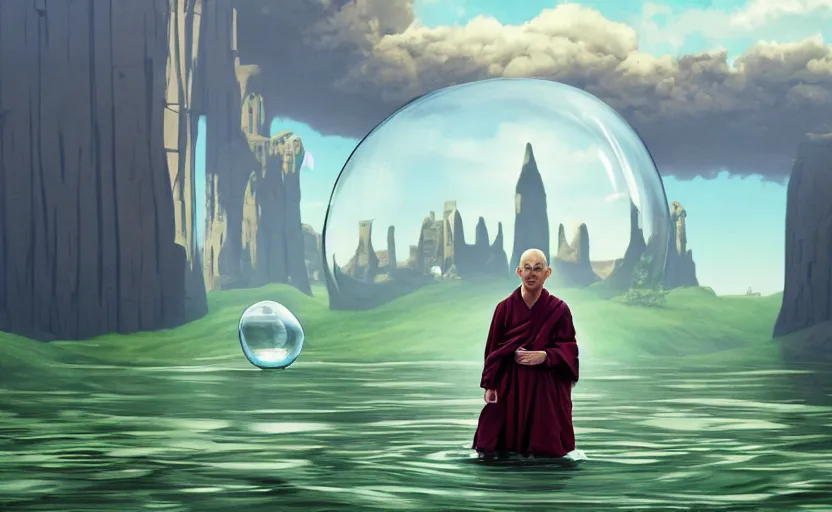 Image similar to a scary hyperrealist painting of a monk in a giant transparent bubble from howl's moving castle ( 2 0 0 4 ) in a flooded monument valley stonehenge jungle. depth perception, 4 k, artstation, in the style of studio ghibli