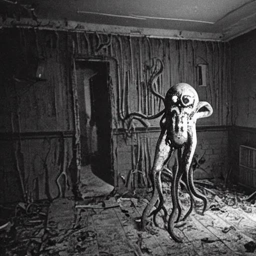 Image similar to 1 9 8 3, found footage, flash, old abandoned house, creepy mutant flesh creature, tentacles, glowing eyes, flesh blob