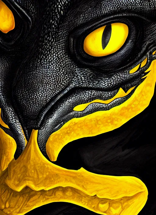 Image similar to closeup portrait of black dragon head with yellow eyes, ultra realistic, fantasy, magic, dnd,