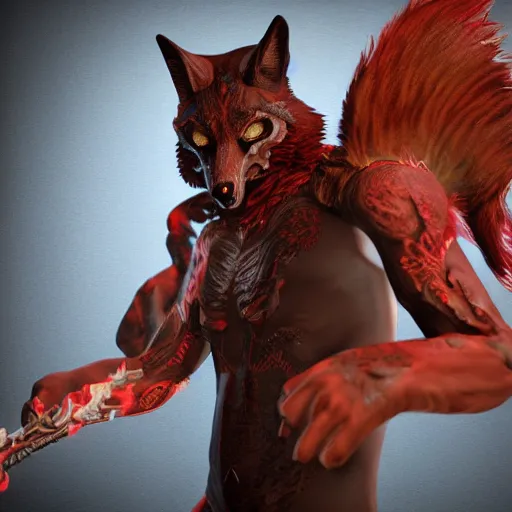 Image similar to highly detailed render of a man wearing a skull fox mask playing a red sintethizer, full body with tattoos, two arms two legs, vray render, unreal engine, highly detailed faces, thin body,