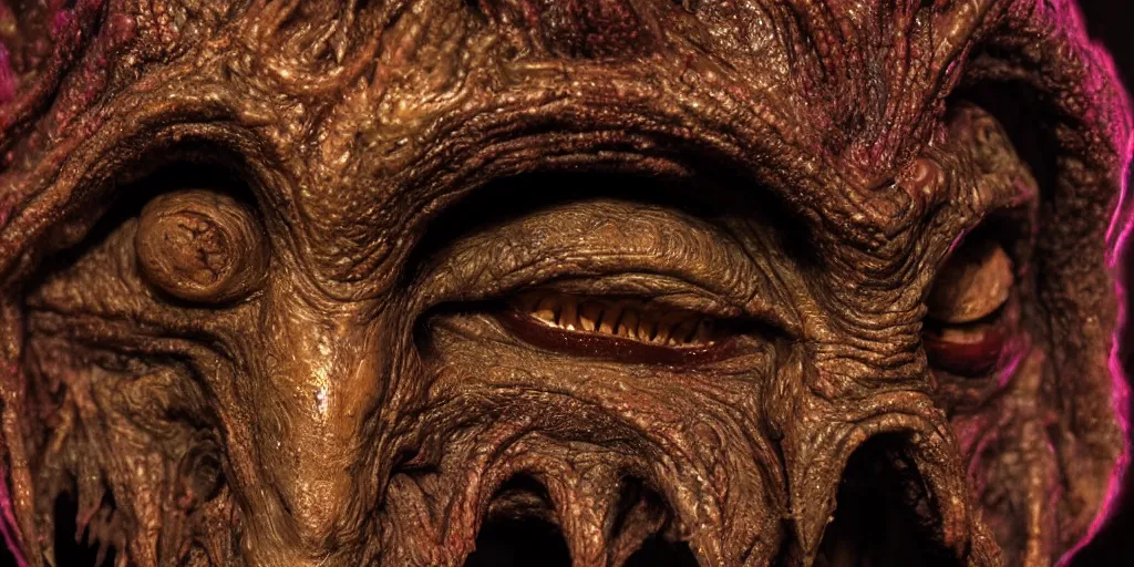 Image similar to a chtulhu creature head closeup, studio lighting, deep colors, apocalyptic setting, gross, evil