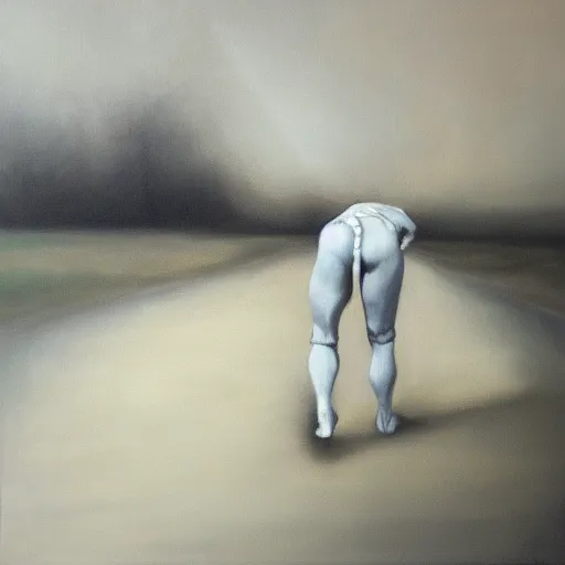 Prompt: My bones grow weary, I can't walk any further, oil-on-canvas, black&white