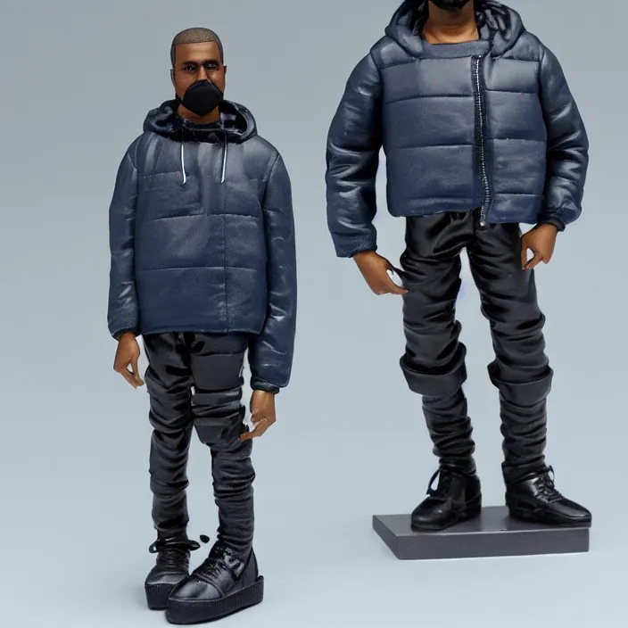 Image similar to a goodsmile figure of kanye west using a full face covering black mask, a small, tight, undersized reflective bright blue round puffer jacket made of nylon, dark jeans pants and big black balenciaga rubber boots, figurine, detailed product photo