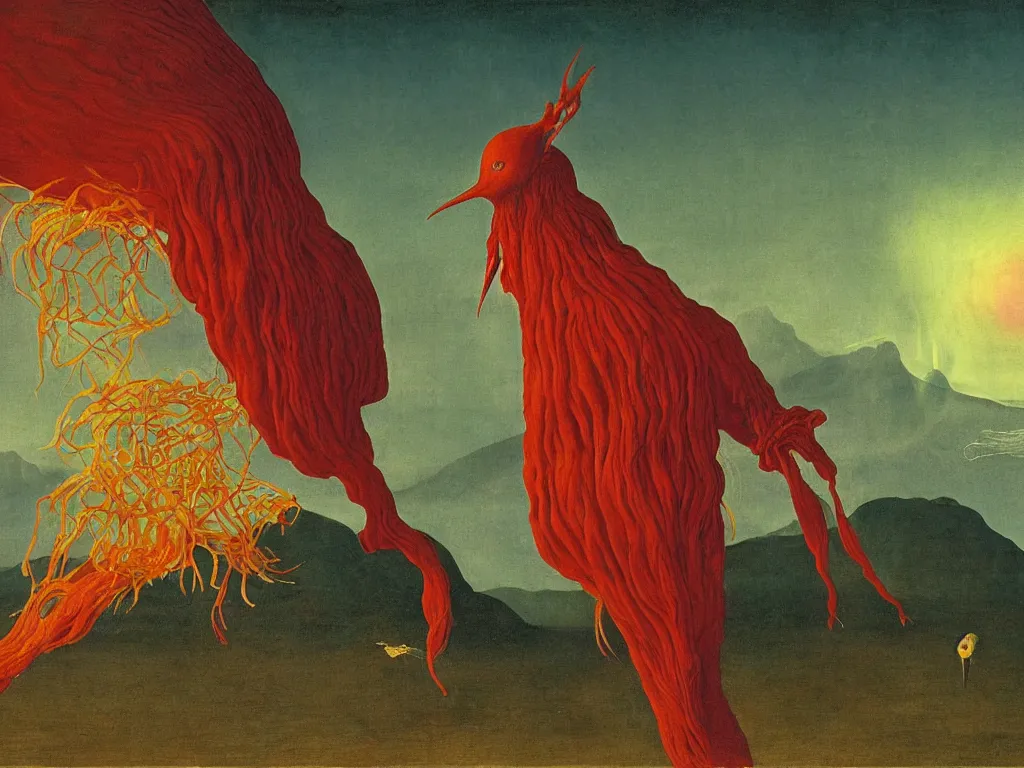 Prompt: albino mystic, with his back turned, looking at the Aurora over over the volcano in the distance, with beautiful exotic hoopoe, jellyfish. Painting by Jan van Eyck, Audubon, Rene Magritte, Agnes Pelton, Max Ernst, Walton Ford