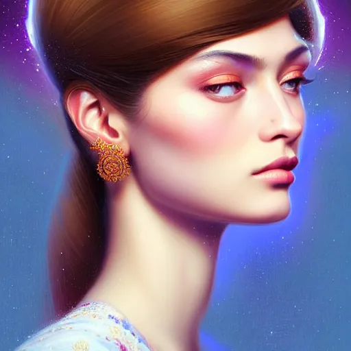 Image similar to digital painting of a close up face portrait of an elegant, beautiful, sophisticated, fashionable, pretty, young, happy russian - uzbek model, lucid pulsar star energy. intricate ornate detail, eye focus, by artgerm, range murata, jeremy lipking, trending on pinterest, artstation hq, vivid 8 k, film still.