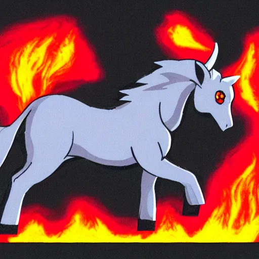 Image similar to Dark grey ghost horse with goat horns, tail made of fire in an empty field at night in the art style of Ken Sugimori