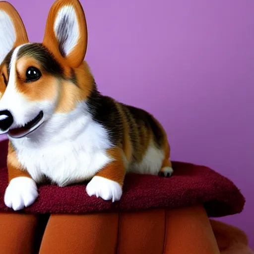 Image similar to realistic photo of corgi with saddle, cat on top of it