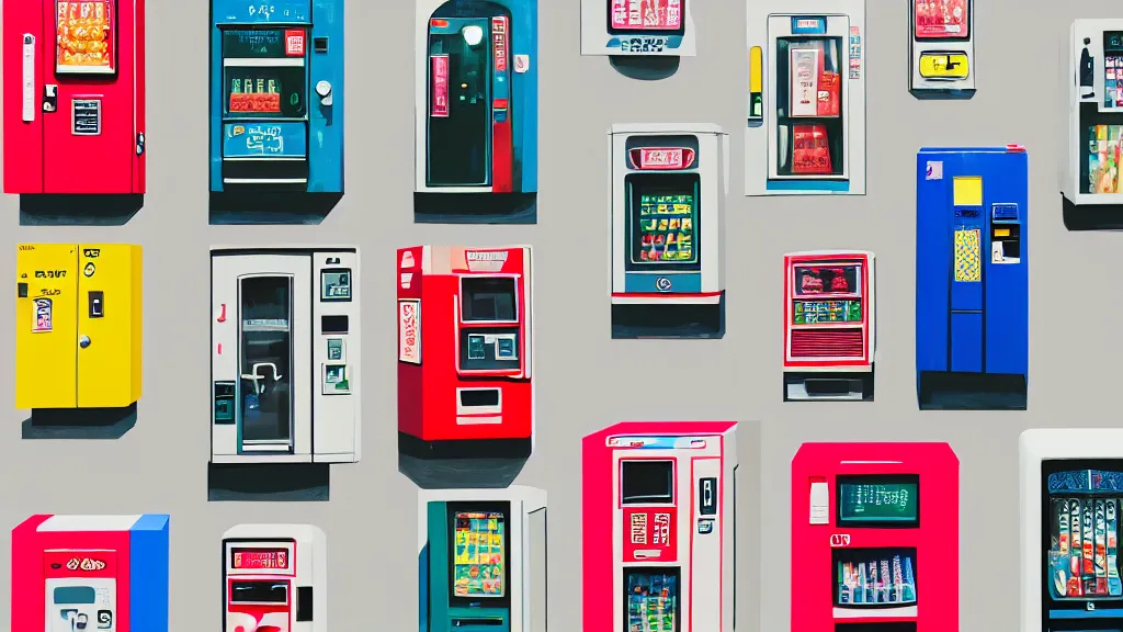 Image similar to a flashy row of vending machines, japan, a collage painting, in the style of wes anderson, lola dupre, david hockney, isolated on negative white space background dark monochrome neon spraypaint accents volumetric octane render