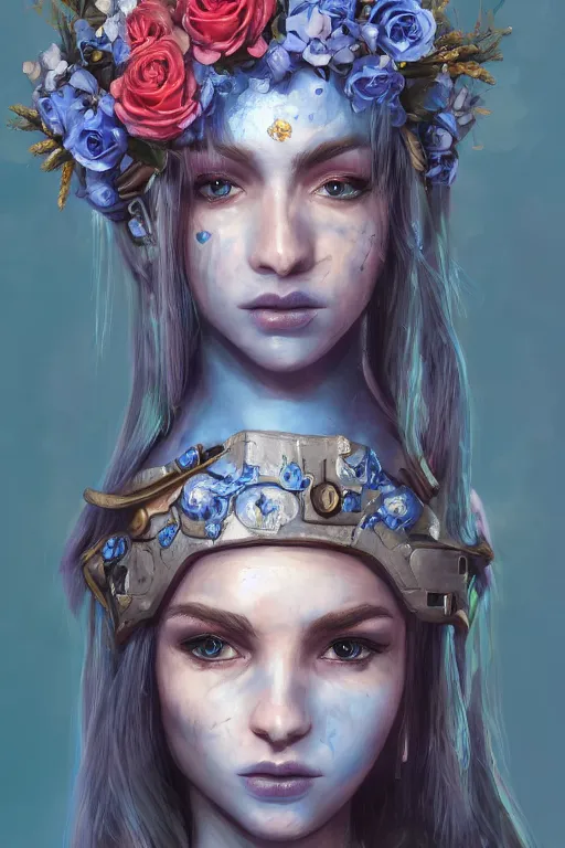 Prompt: portrait of beautiful young mainem, warhammer, russian style, cyber armor with scars, a lot of more scars, more and more flowers, blue head, the middle ages, highly detailed, artstation, illustration, art by sydney mount, 8 k quality