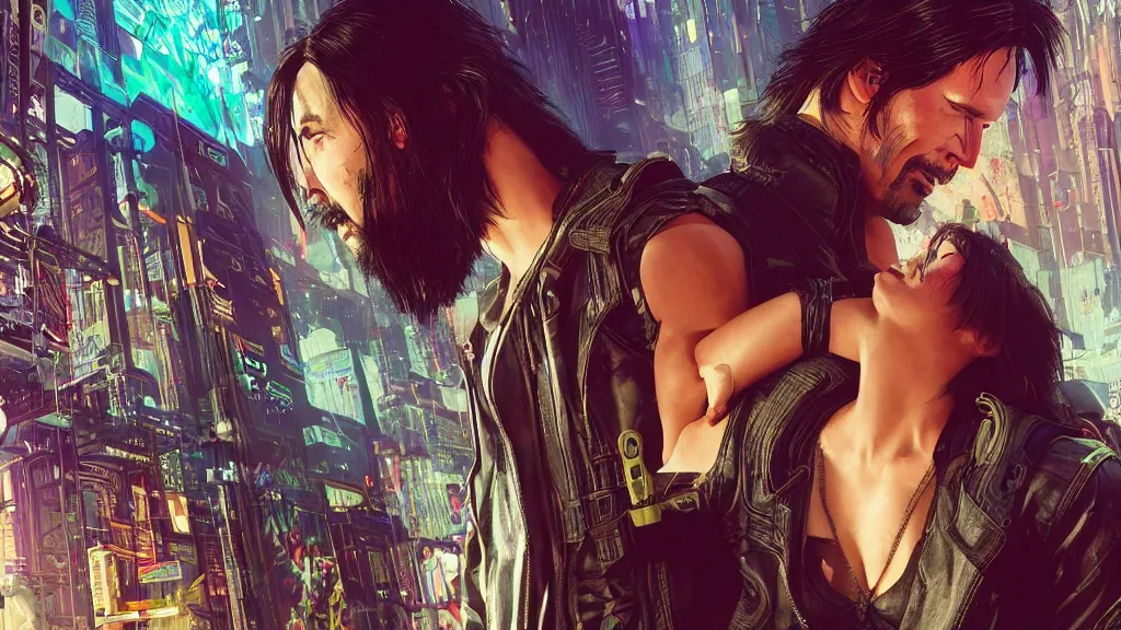 Prompt: a cyberpunk 2077 srcreenshot couple portrait of Keanu Reeves and a female android final kissed in night city,love,romantic,film lighting,by Lawrence Alma-Tadema,Andrei Riabovitchev,Laurie Greasley,Dan Mumford,John Wick,Speed,Replicas,artstation,deviantart,FAN ART,full of color,intricate,concept art,smooth,elegant,Digital painting,illustration,sharp focus,face enhance,highly detailed,8K,octane,golden ratio,cinematic lighting